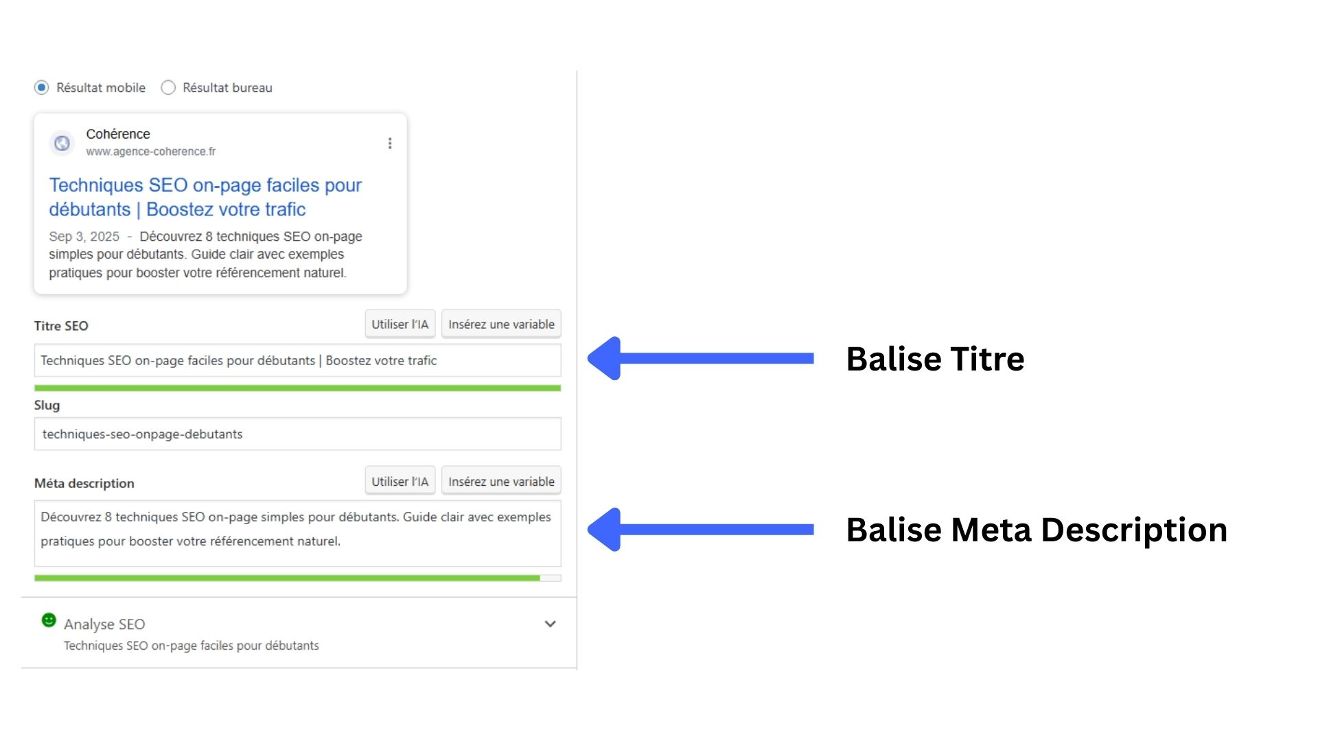 Capture d’écran montrant une balise title et meta description SEO pour un article de blog