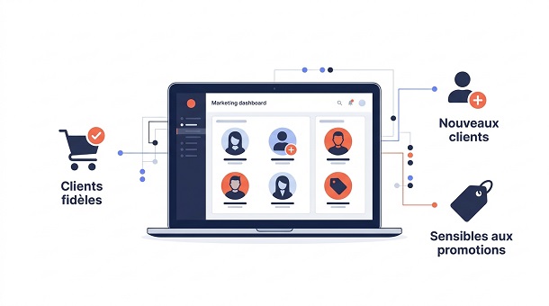 Coherence Agence Digitale Segmentation Audience Comportements Achat Ia tableau de bord marketing de segmentation client par l'IA en trois groupes : Clients fidèles, Nouveaux clients et Sensibles aux promotions.