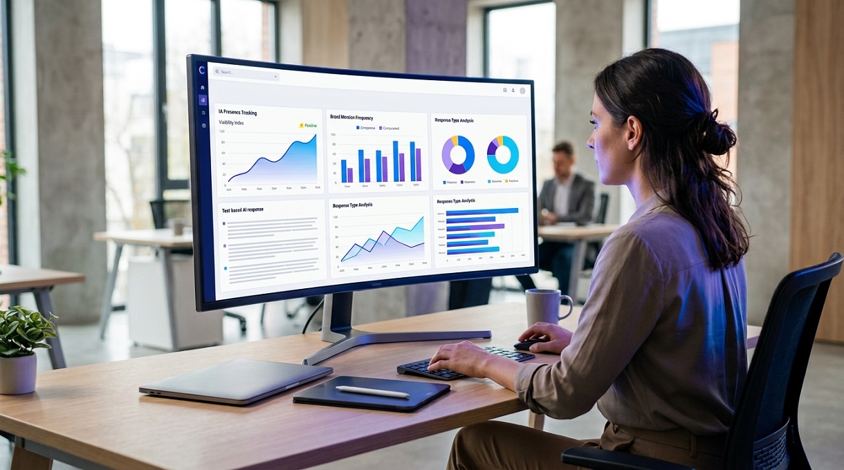 Coherence Agence Digitale Comment Mesurer Sa Visibilite Dans Les Resultats Generes Par LIA Une professionnelle dans un bureau lumineux analyse un tableau de bord sur grand écran affichant des graphiques bleus et violets pour mesurer la visibilité d'une marque dans les réponses de l'IA.