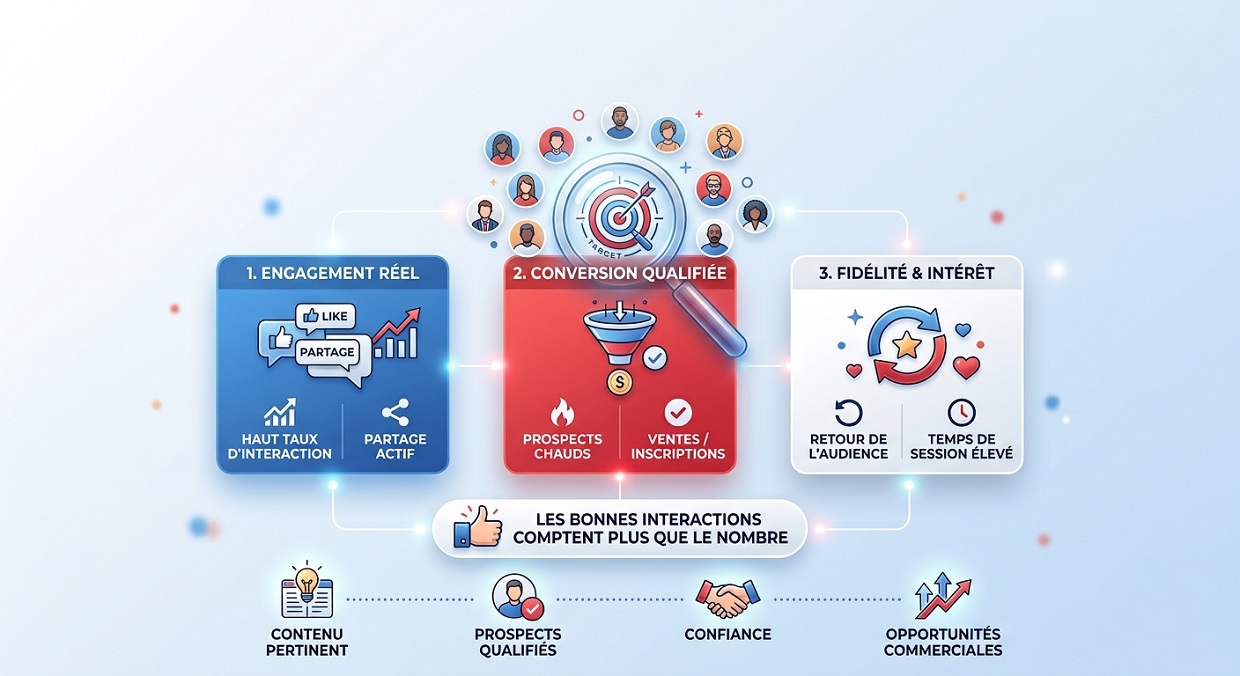 Coherence Agence Digitale Comment Savoir Si Votre Audience Est Vraiment Pertinente Infographie en trois étapes sur l'entonnoir de conversion marketing, illustrant l'engagement réel, la conversion qualifiée et la fidélité de l'audience.