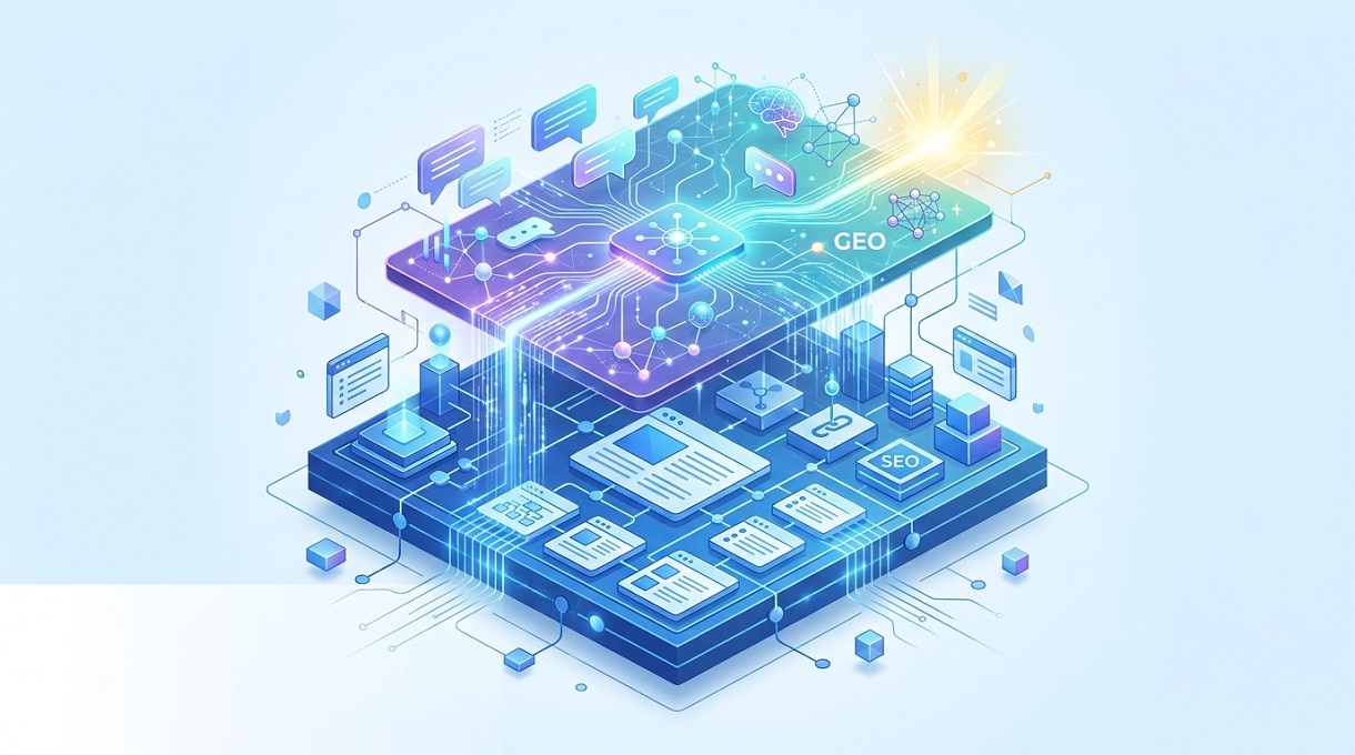 Coherence Agence Digitale Le GEO Remplace T Il Le Referencement Naturel Illustration 3D isométrique représentant la stratégie GEO comme une couche d'intelligence artificielle violette et cyan venant se superposer sur une base solide de référencement naturel SEO bleu, sur fond clair.