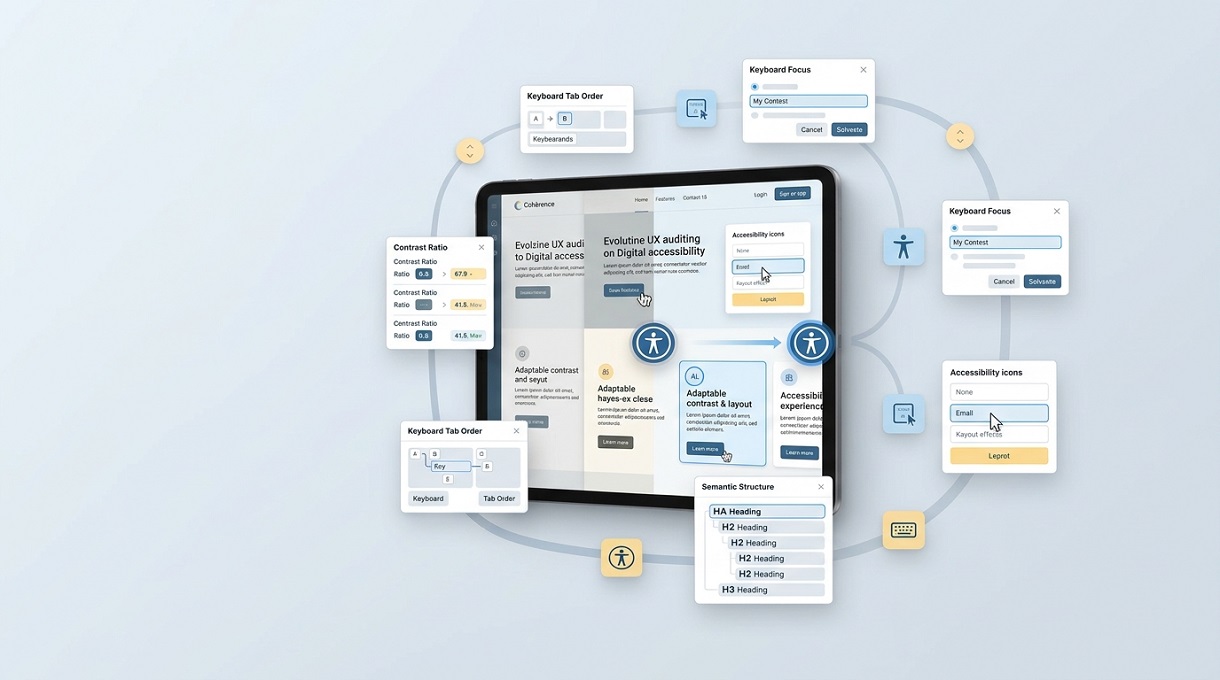 Coherence Agence Digitale Audit Ux Accessibilite Numerique Site Web Interface web moderne illustrant l'évolution des méthodes d'audit UX vers l'accessibilité numérique W3C.
