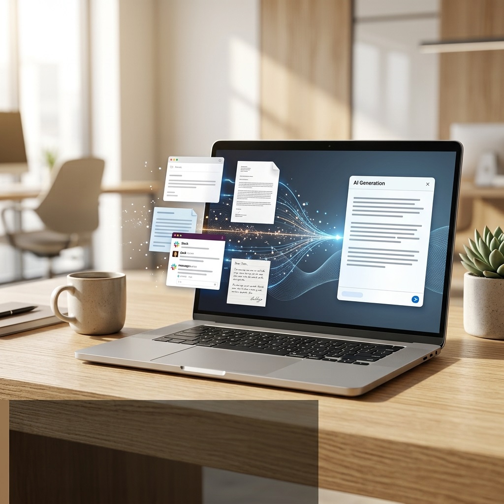 Illustration montrant un ordinateur portable sur un bureau où des documents convergents vers une interface d'IA symbolisent l'apprentissage de votre style d'écriture.