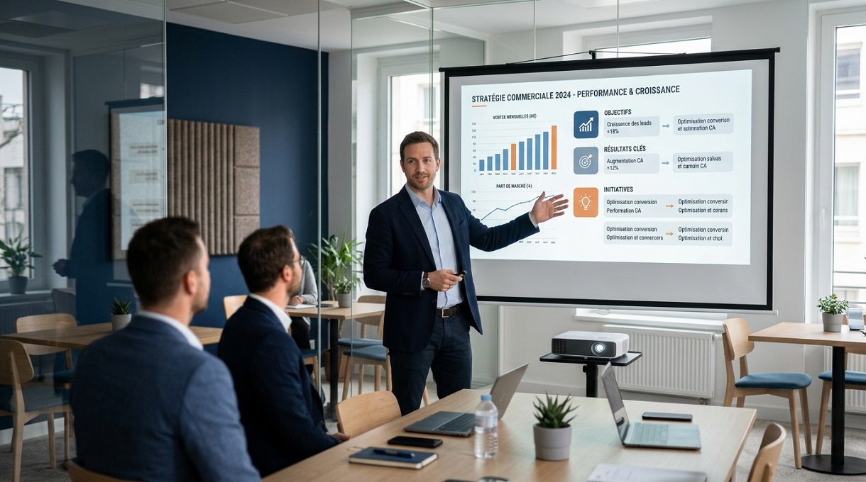 Coherence Agence Digitale Claude Slides Presentation Ia Reunion Commerciale Commercial présentant une stratégie d'entreprise générée par IA sur écran lors d'une réunion professionnelle.