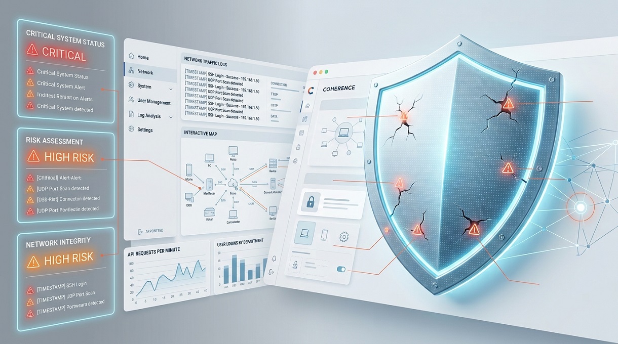 Coherence Agence Digitale Cybersecurite Failles Securite Entreprise Coherence Interface de sécurité informatique d'entreprise avec un bouclier numérique fissuré signalant sept failles de cybersécurité.