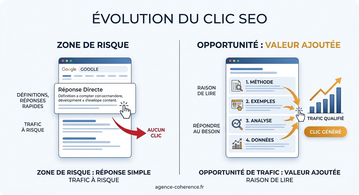 Coherence Agence Digitale Evolution Clic Seo Zone Risque Opportunite Infographie en deux parties expliquant l'évolution du clic SEO