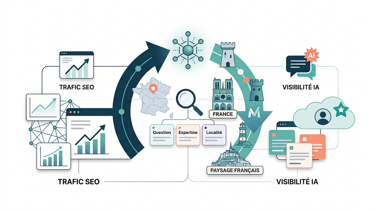 Coherence Agence Digitale Infographie Seo Ia Visibilite France Schéma décisionnel illustrant la synergie entre le Trafic SEO classique (tableaux de bord et graphiques à gauche) et la Visibilité IA (conversation, documents et profil à droite).