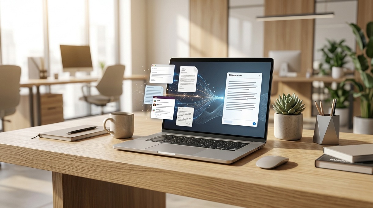 Coherence Agence Digitale Intelligence Artificielle Personnalisation Redaction Entreprise Ordinateur portable sur un bureau moderne illustrant l'analyse de documents par une intelligence artificielle pour s'adapter au style d'écriture de l'entreprise.