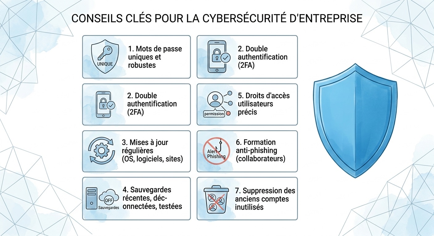 Coherence Agence Digitale Liste 7 Conseils Verification Cybersecurite Entreprise Infographie sobre présentant 7 conseils clés pour vérifier la cybersécurité d'une entreprise