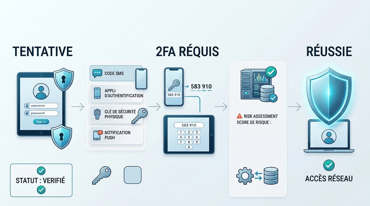 Coherence Agence Digitale Processus Authentification Double schéma infographique détaillant le processus d'authentification à double facteur (2FA)