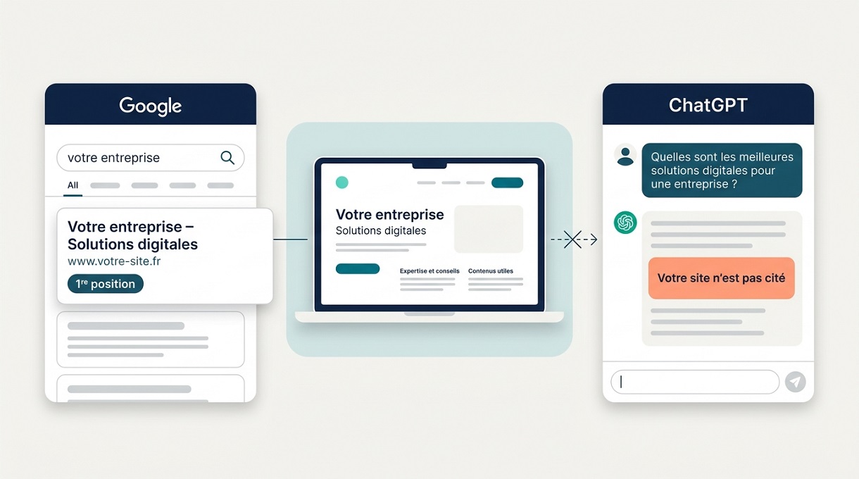 Coherence Agence Digitale Referencement Google Vs Absence Reponses Ia Comparaison entre un excellent positionnement SEO sur Google en 1re position et l'absence de citation du site web dans une réponse générée par ChatGPT.