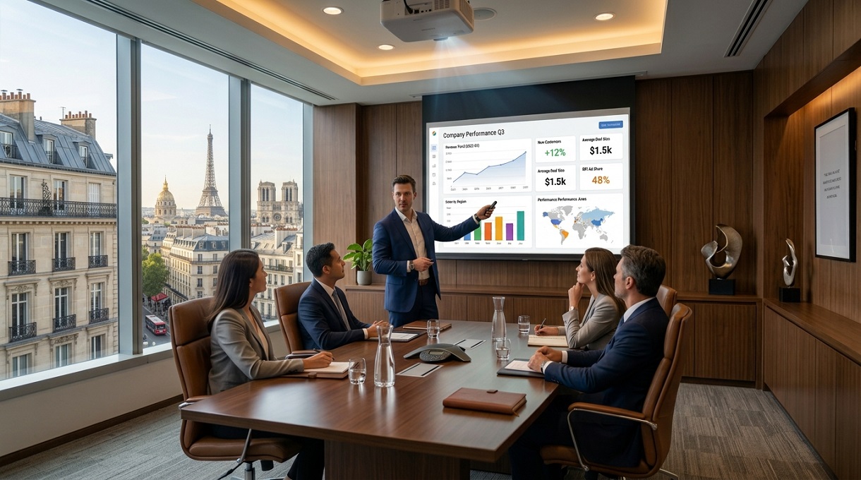 Coherence Agence Digitale Responsable Marketing En Train De Presenter Son Rapport A Sa Direction En Utilisant La Datavisualisation responsable marketing en train de présenter son rapport à sa direction en utilisant la datavisualisation