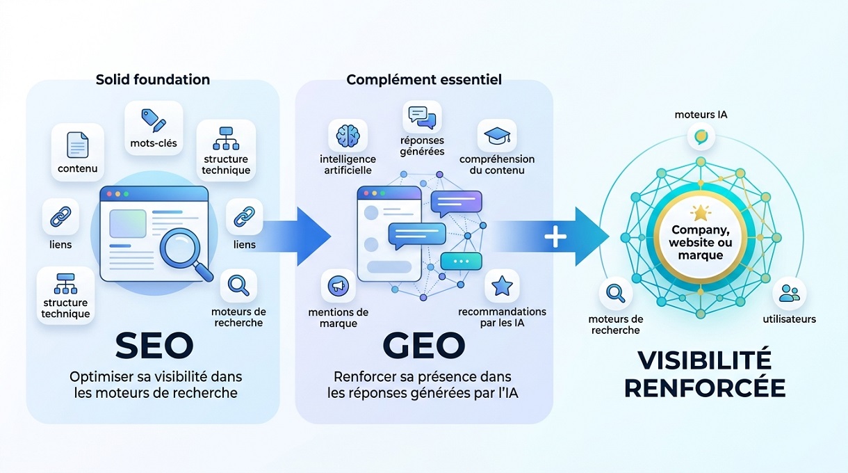 Coherence Agence Digitale Schema Complementarite Seo Geo Visibilite Web Infographie résumant la complémentarité entre le SEO et le GEO en trois étapes horizontales pour une visibilité web renforcée.