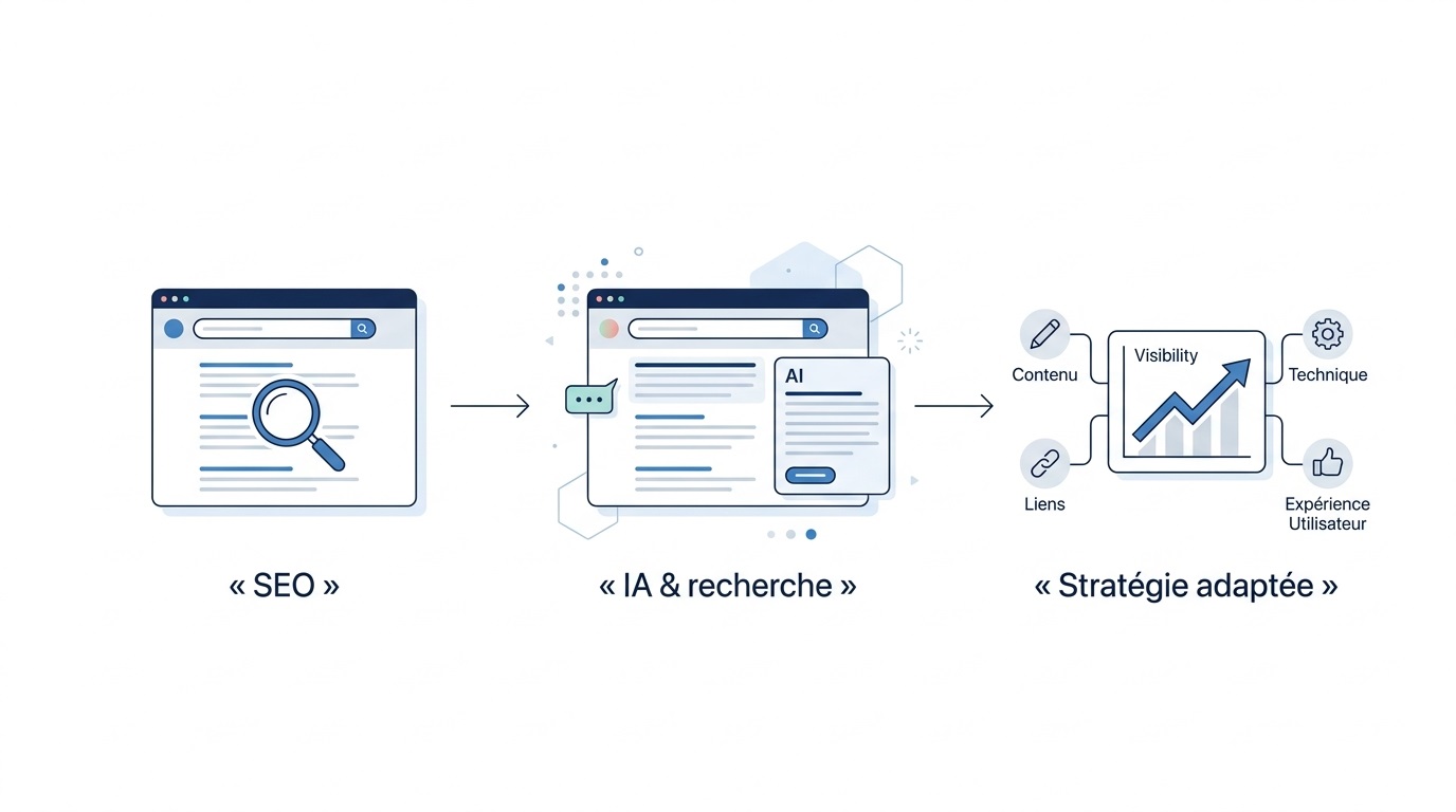Coherence Agence Digitale Schema Evolution Seo Ia Strategie Adaptee Schéma éditorial en 3 étapes montrant l'évolution du SEO : du SEO traditionnel vers l'intégration de l'IA dans la recherche, pour aboutir à une stratégie adaptée combinant contenu, technique, liens et expérience utilisateur.