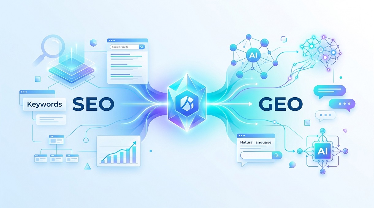 Coherence Agence Digitale Seo Geo Strategies Visibilite Web llustration montrant la complémentarité entre le SEO et le GEO converging vers un noyau central de visibilité web, avec des symboles de recherche traditionnelle à gauche et des réseaux d'intelligence artificielle à droite sur fond bleu lumineux.