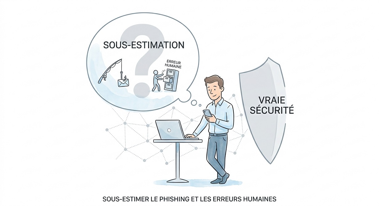 Coherence Agence Digitale Sous Estimation Securite Illustration1 Illustration d'un homme pensant aux risques de sécurité (phishing, erreurs humaines) avec un bouclier de protection