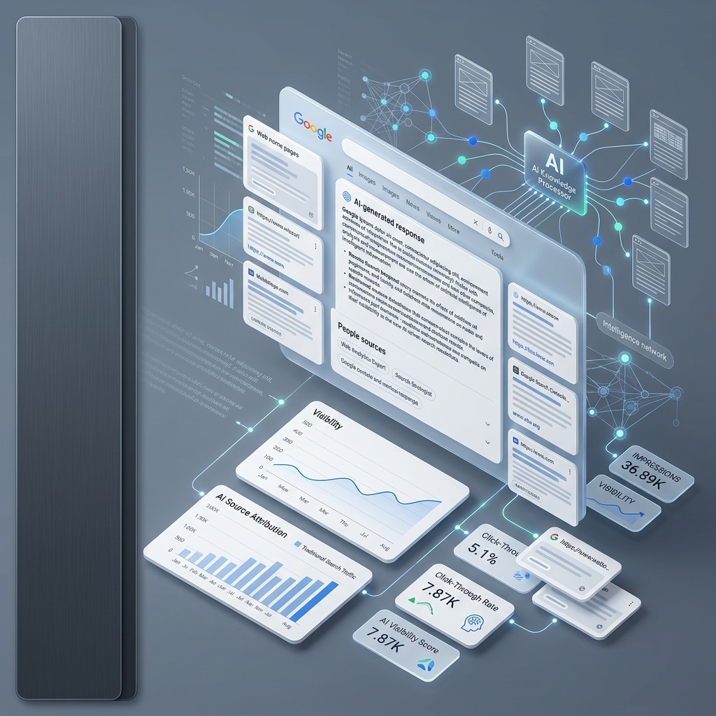 tableau de bord analytique illustrant l'intégration de l'intelligence artificielle (IA) dans les résultats de recherche Google