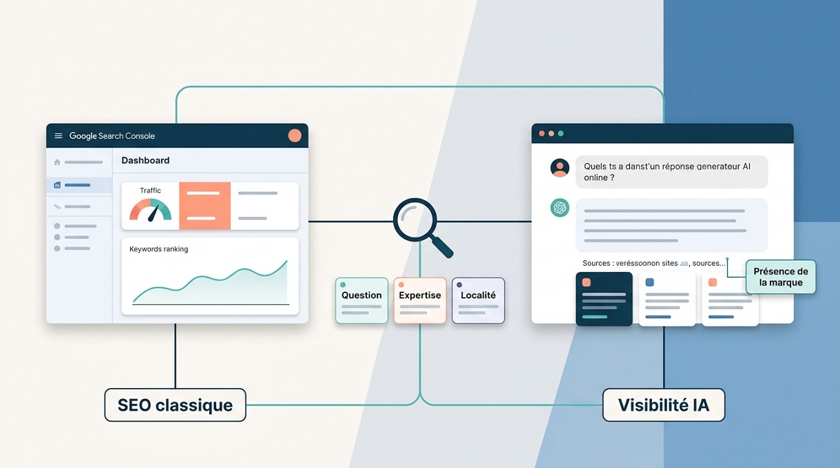 Coherence Agence Digitale Visibilite Ia Vs Seo Classique Schéma comparatif entre les indicateurs de SEO classique (trafic, positionnement) et la mesure de la visibilité de marque dans les réponses des moteurs IA.