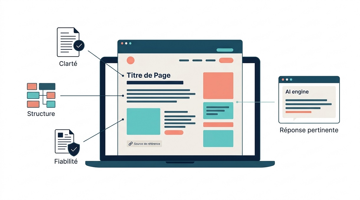 Coherence Agence Digitale Visibilite Moteurs Ia Seo Geo Illustration vectorielle montrant une interface web structurée avec les notions de Clarté, Structure et Fiabilité reliées à une réponse pertinente générée par un moteur d'IA.