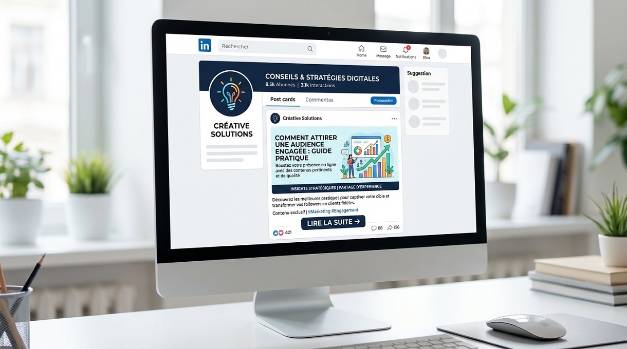 Coherence Agence Digitale Visuel Blog Linkedin Creative Solutions Cta Lire La Suite Écran d'ordinateur montrant une publication LinkedIn à fort engagement avec un bouton d'action 'Lire la suite
