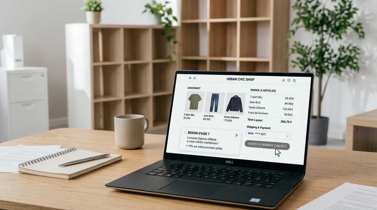 Coherence Agence Digitale Abandon Panier Site E Commerce Écran d'ordinateur portable affichant une page de paiement e-commerce avec un bouton de validation et un message d'assistance IA sur un bureau lumineux.