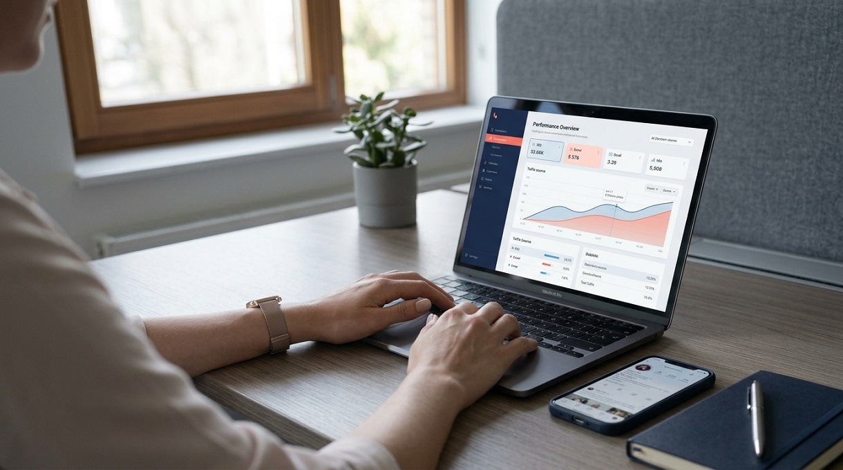 Coherence Agence Digitale Acquisition Client Diversification Canaux Coherence ordinateur portable affichant un tableau de bord de performance et de diversification des canaux d'acquisition client.