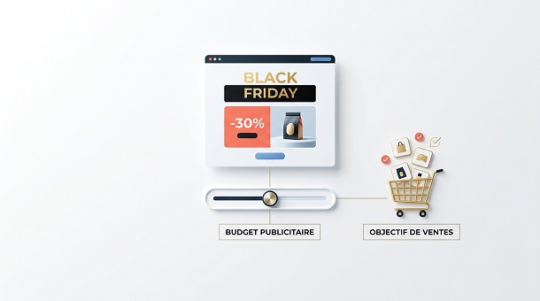 Coherence Agence Digitale Budget Publicitaire Adapte Objectif Ventes Black Friday Visuel élégant illustrant la gestion du budget publicitaire et des objectifs de vente avec des graphiques de croissance rouges et noirs.