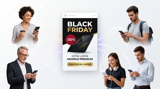 Coherence Agence Digitale Campagne Social Ads Black Friday Ciblage Audience Illustration d'une publicité Social Ads Black Friday ciblant directement plusieurs profils d'utilisateurs sur fond blanc.