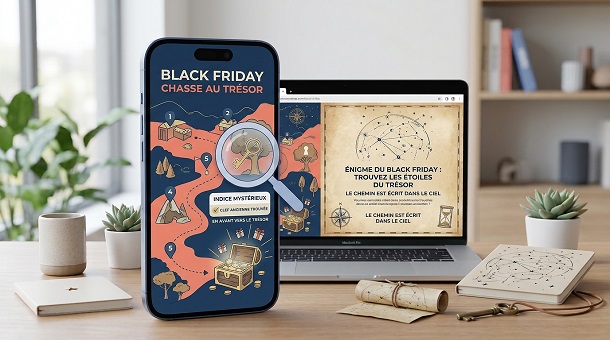 Coherence Agence Digitale Chasse Au Tresor Black Friday carte interactive de chasse au trésor Black Friday avec des indices et un coffre doré