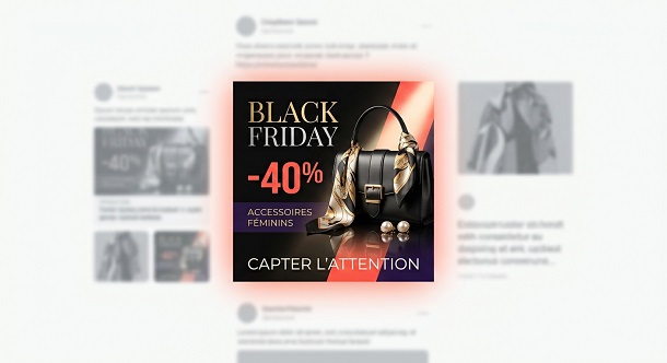 Coherence Agence Digitale Creation Publicitaire Impactante Black Friday Accessoires Création publicitaire Black Friday haut de gamme pour accessoires féminins avec réduction de -40%, mise en valeur au centre d'un flux de contenus floutés sur fond blanc.