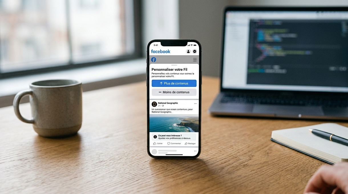 Coherence Agence Digitale Facebook Personnalisation Fil Actualite Algorithme l'interface mobile de Facebook avec la fonctionnalité 'Personnaliser votre Fil'.