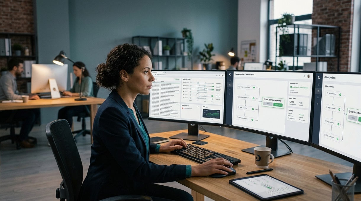 Coherence Agence Digitale Femme Supervision Dashboards Double Ecran Bureau Coworking Une professionnelle assise à un bureau supervise des tableaux de bord analytiques complexes sur deux écrans d'ordinateur