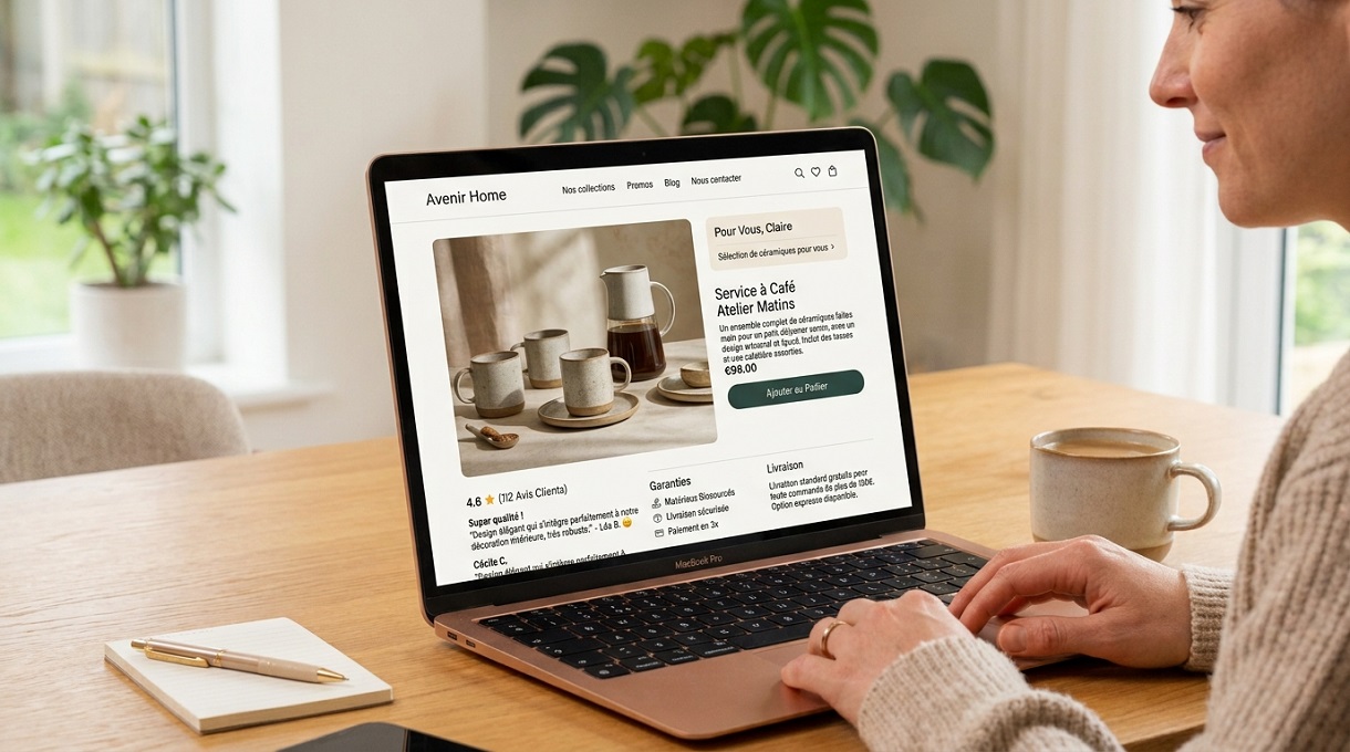 Coherence Agence Digitale Fideliser Client Site E Commerce Une personne navigue sur une boutique en ligne spécialisée sur son ordinateur portable dans un intérieur lumineux, mettant en valeur une fiche produit soignée, des avis clients et des éléments de réassurance.