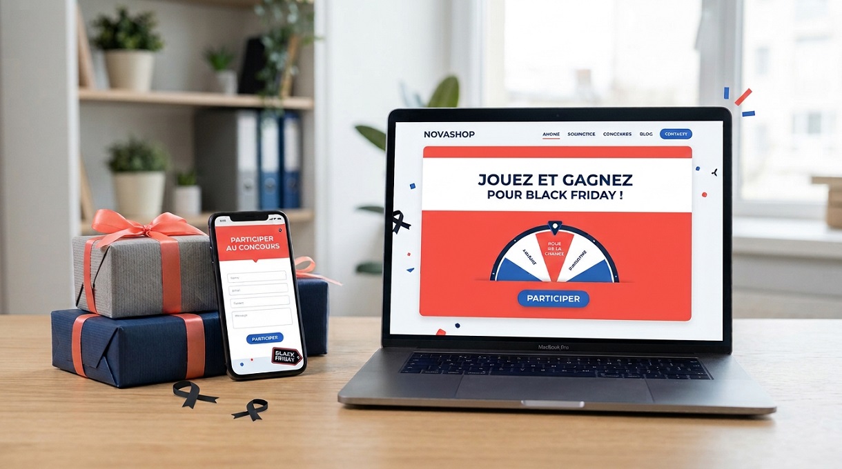 Coherence Agence Digitale Jeu Concours Black Friday Un ordinateur portable et un smartphone affichant une interface de jeu-concours Black Friday avec une roue de la chance, posés à côté de cadeaux emballés.