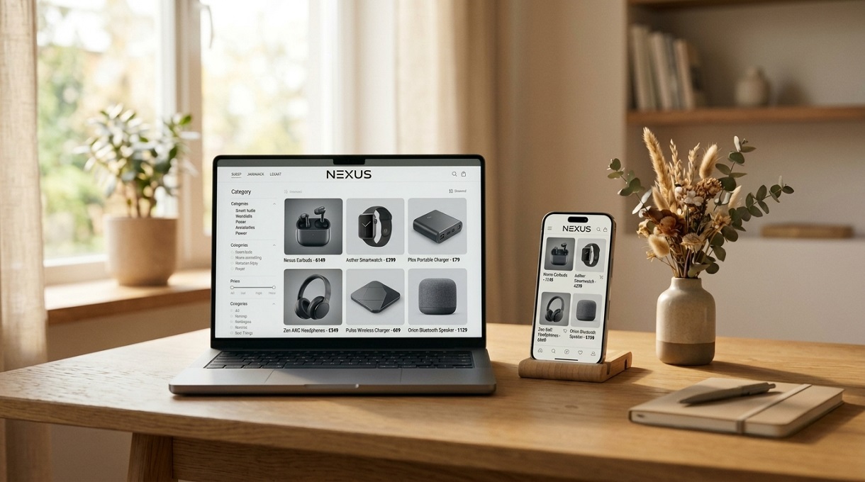 Coherence Agence Digitale Mockup Bureau Site Ecommerce Un ordinateur portable et un smartphone posés sur une table en bois présentant une boutique en ligne de produits high-tech