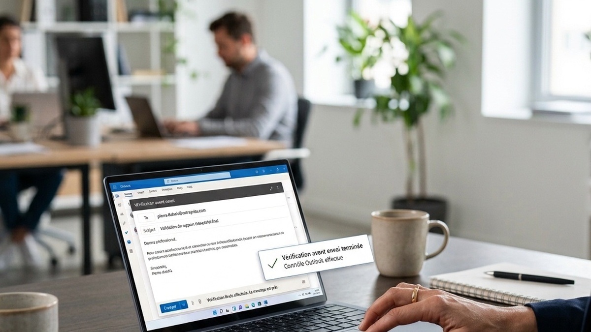 Coherence Agence Digitale Outlook Verification Orthographe Avant Envoi Email Ordinateur portable sur un bureau affichant un e-mail Outlook avec une notification de contrôle avant envoi