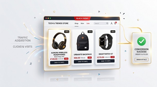 Coherence Agence Digitale Site E Commerce Conversion Black Friday Interface de site e-commerce illustrant la conversion du trafic (réseaux sociaux, publicité) en ventes pendant le Black Friday