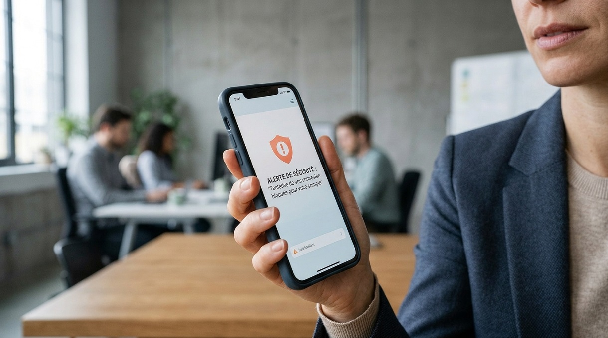 Coherence Agence Digitale Site Pirate Compte Compromis Reflexes Securite Main tenant un smartphone affichant une alerte de sécurité rouge orangé dans un bureau professionnel
