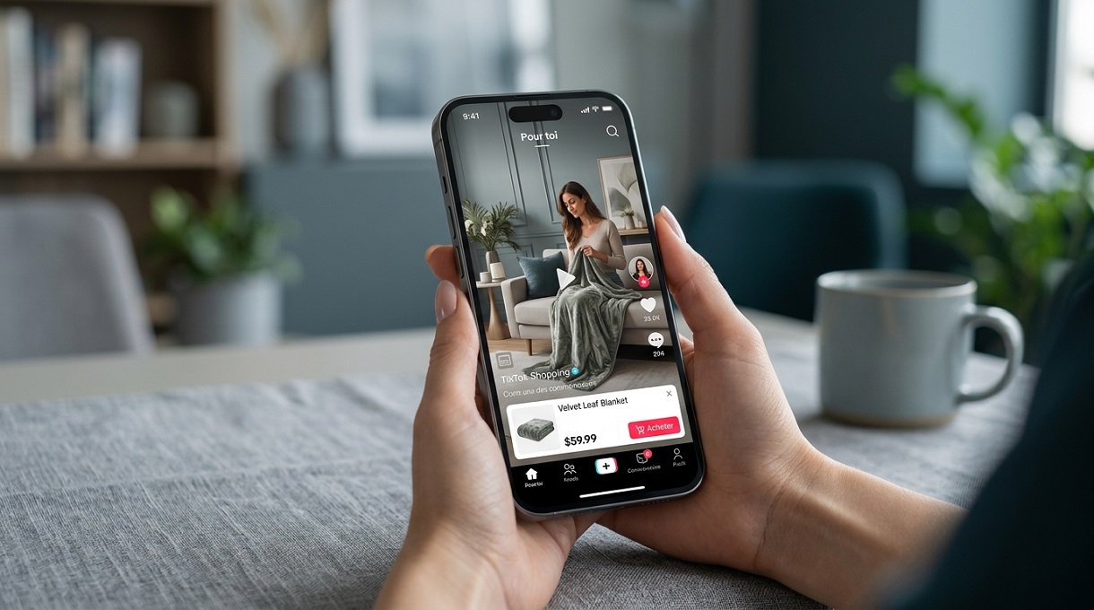 Coherence Agence Digitale Tiktok Shop Achat In App Social Commerce Achat en ligne sur l'application TikTok via un smartphone tenu en main.