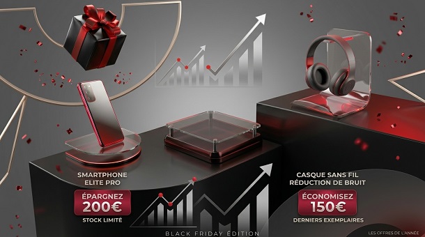 Coherence Agence Digitale Visuel Offres Black Friday Rentabilite Visuel promotionnel du Black Friday présentant deux produits high-tech en promotion avec réduction de prix, sur fond anthracite et rouge lumineux.